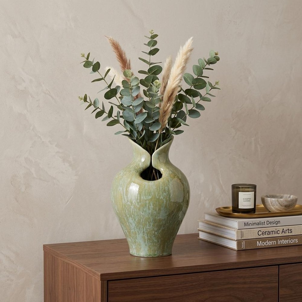 12" Sage Celadon And Cream Faux Marble Ceramic Urn Table Vase With Sculptural Details
