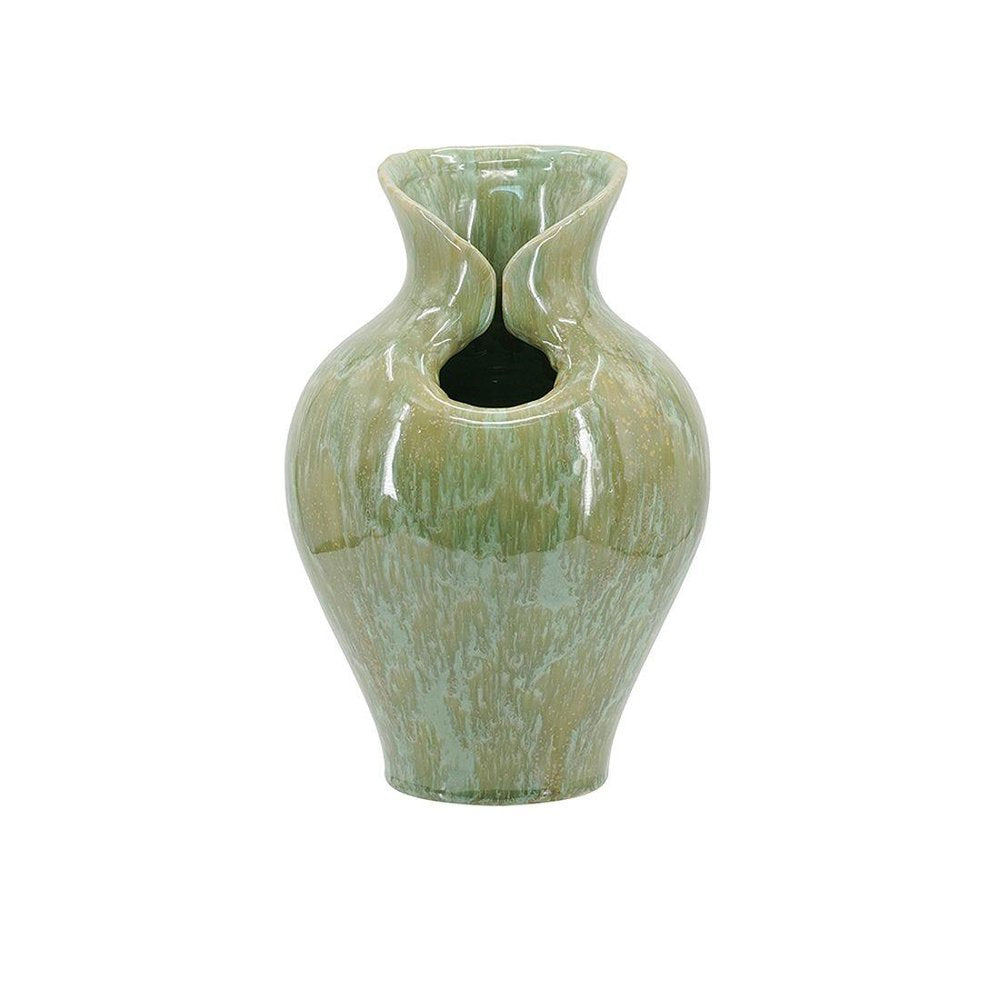 12" Sage Celadon And Cream Faux Marble Ceramic Urn Table Vase With Sculptural Details
