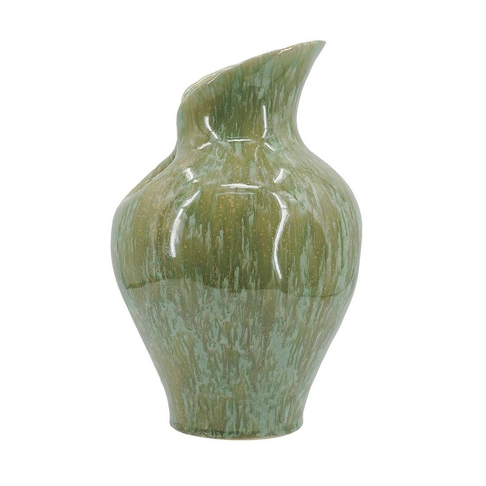 12" Sage Celadon And Cream Faux Marble Ceramic Urn Table Vase With Sculptural Details