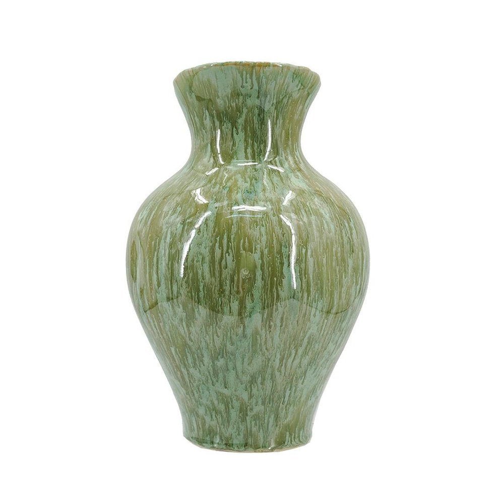 12" Sage Celadon And Cream Faux Marble Ceramic Urn Table Vase With Sculptural Details
