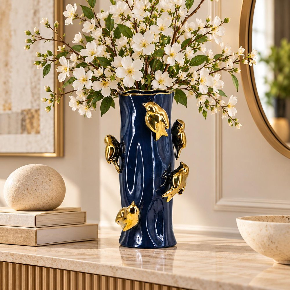 16" Navy Blue And Gold Ceramic Table Vase With Bird Sculptural Details