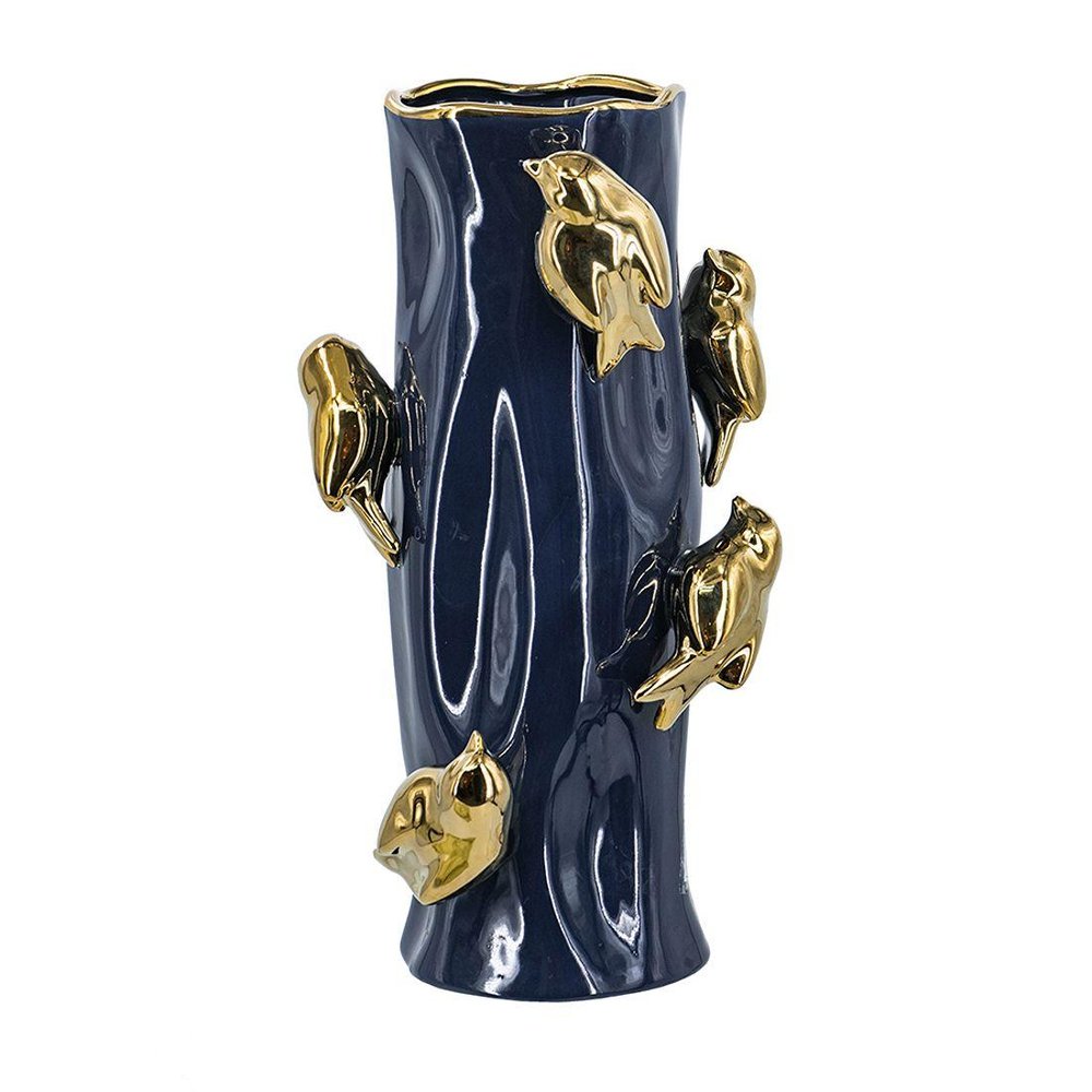 16" Navy Blue And Gold Ceramic Table Vase With Bird Sculptural Details