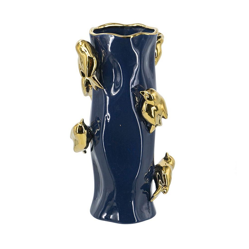 16" Navy Blue And Gold Ceramic Table Vase With Bird Sculptural Details