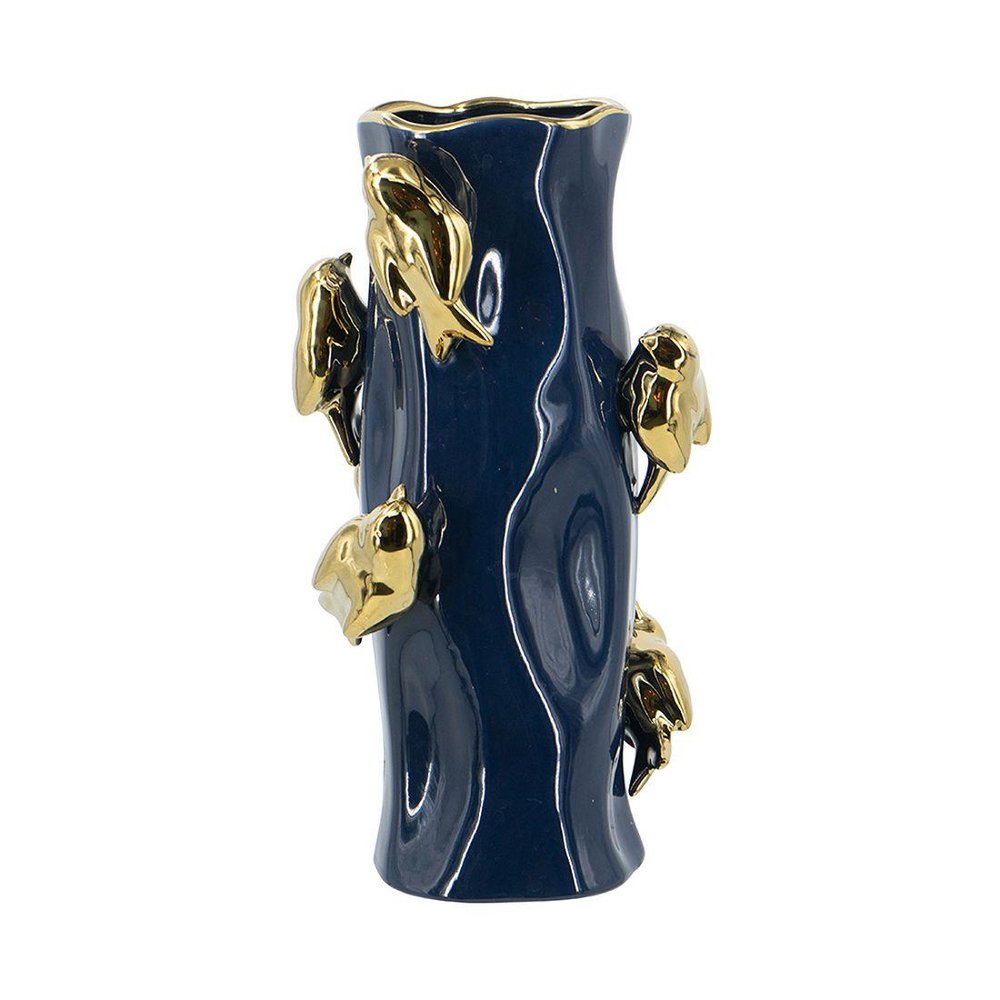 16" Navy Blue And Gold Ceramic Table Vase With Bird Sculptural Details