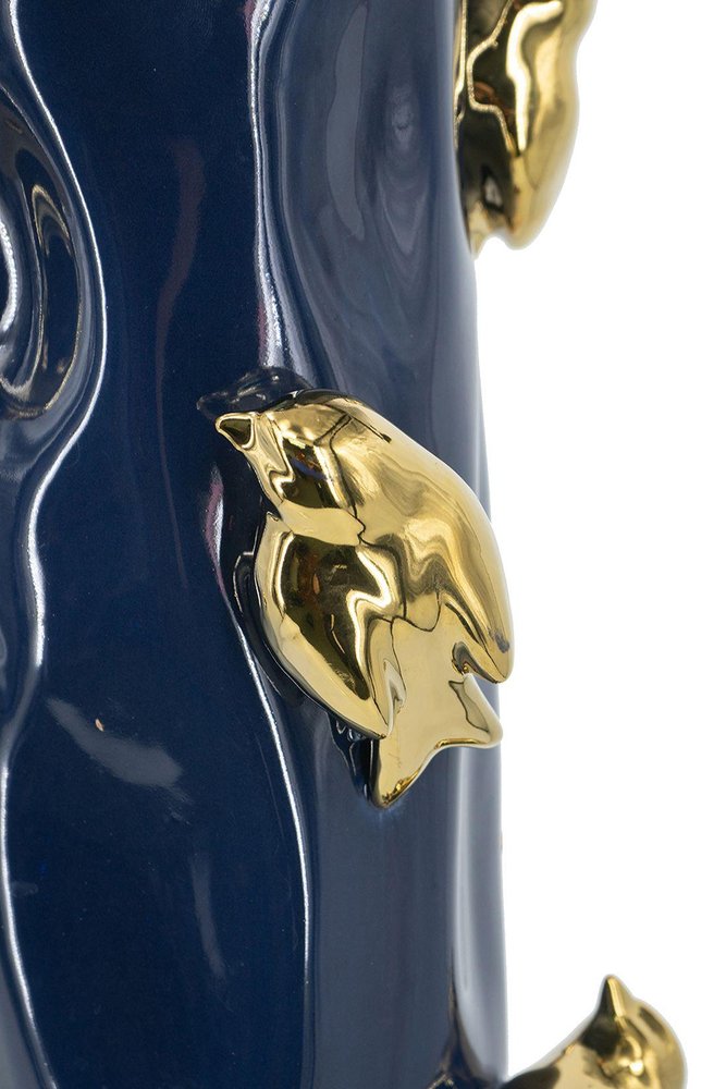 16" Navy Blue And Gold Ceramic Table Vase With Bird Sculptural Details