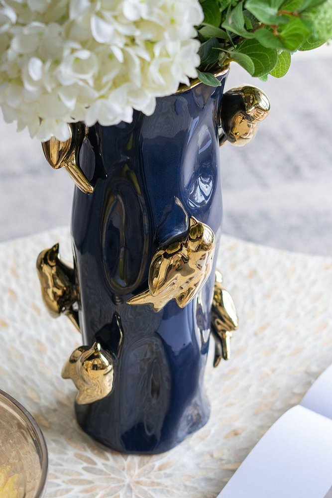 16" Navy Blue And Gold Ceramic Table Vase With Bird Sculptural Details