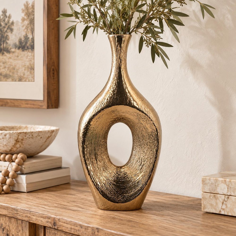 19" Antiqued Gold Ceramic Table Vase