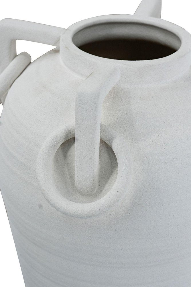 16" White Ribbed Ceramic Amphora Table Vase With Sculptural Details