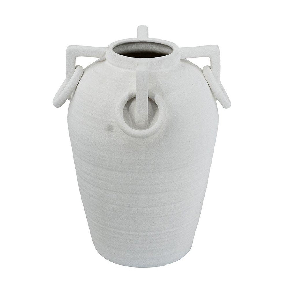 16" White Ribbed Ceramic Amphora Table Vase With Sculptural Details
