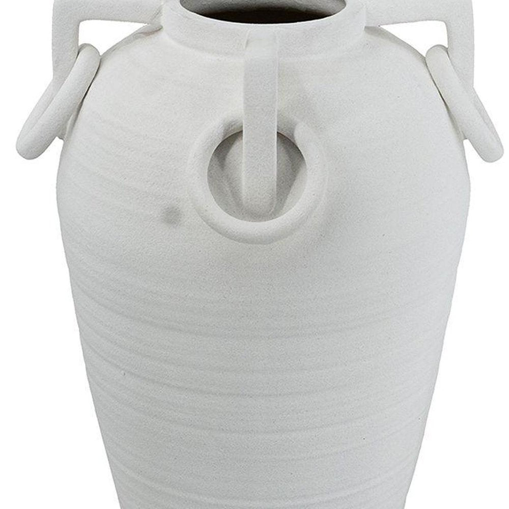 16" White Ribbed Ceramic Amphora Table Vase With Sculptural Details