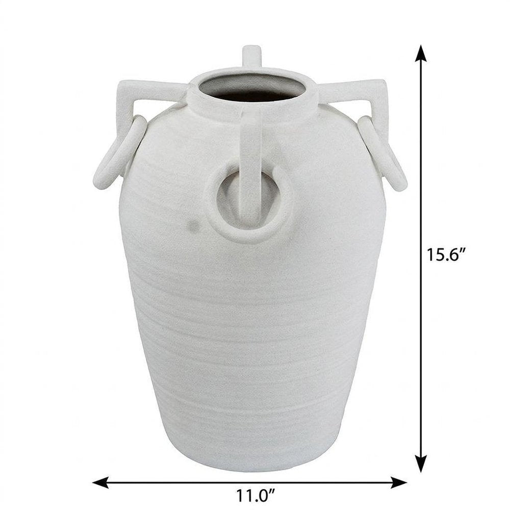 16" White Ribbed Ceramic Amphora Table Vase With Sculptural Details