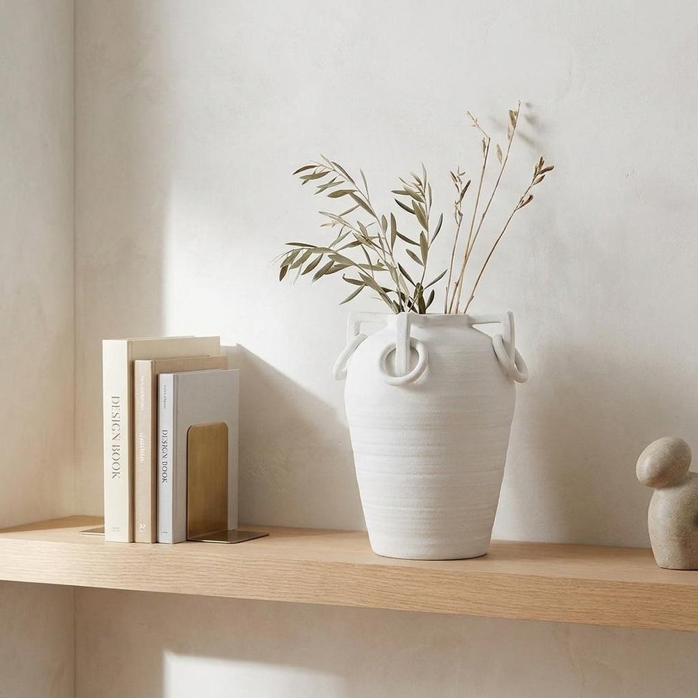 16" White Ribbed Ceramic Amphora Table Vase With Sculptural Details