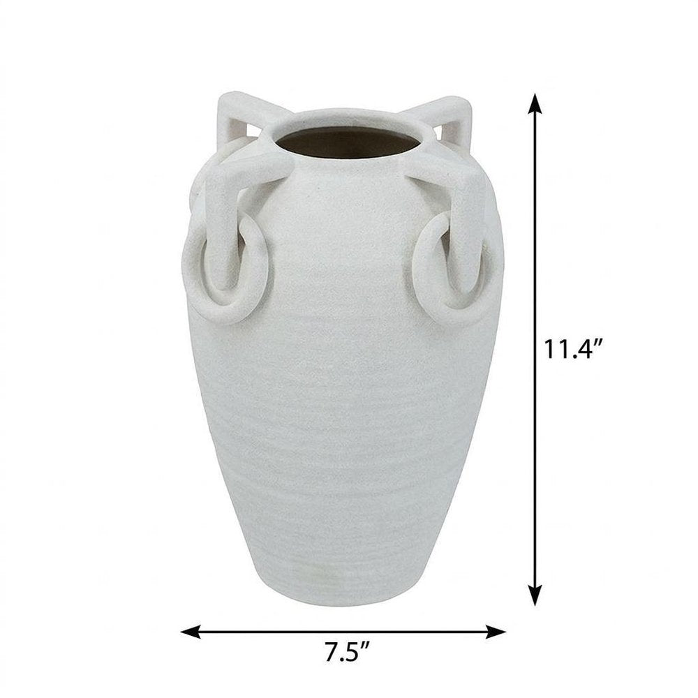 11" White Ceramic Amphora Table Vase With Sculptural Details
