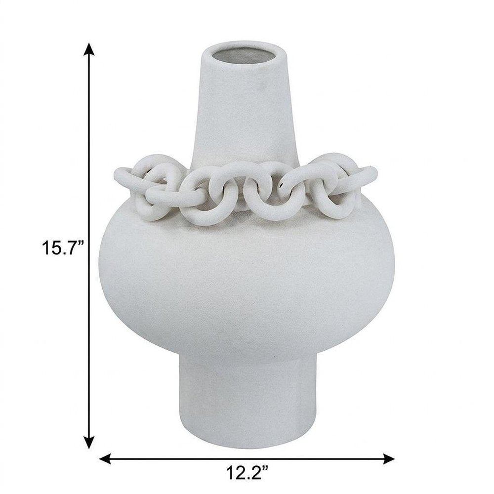 16" White Ceramic Table Vase With Sculptural Details