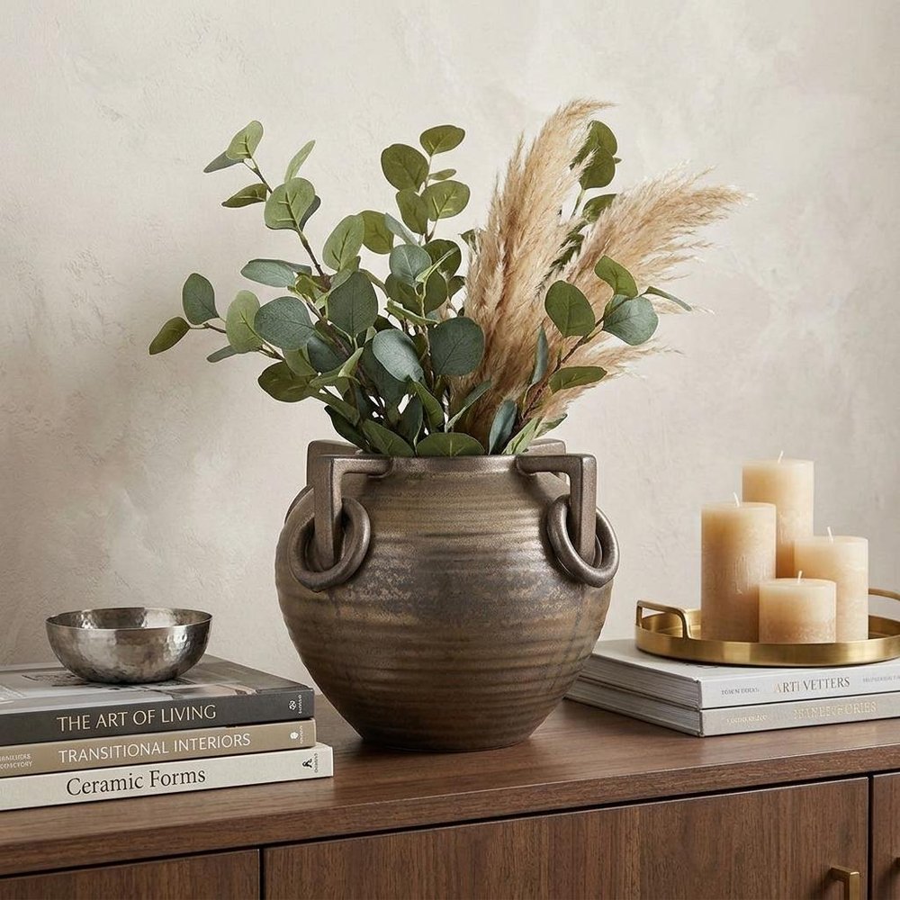 7" Bronze Mottled Ceramic Amphora Table Vase With Sculptural Details