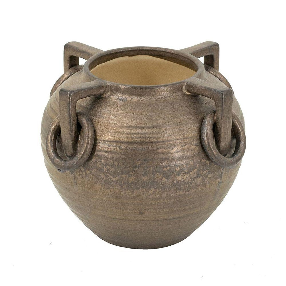 7" Bronze Mottled Ceramic Amphora Table Vase With Sculptural Details