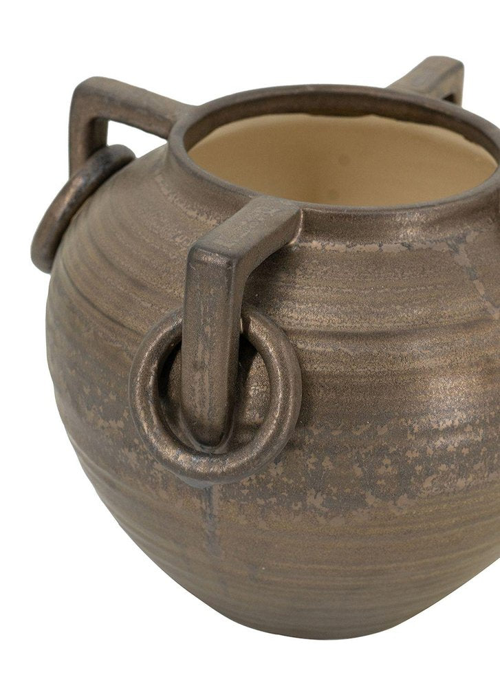 7" Bronze Mottled Ceramic Amphora Table Vase With Sculptural Details