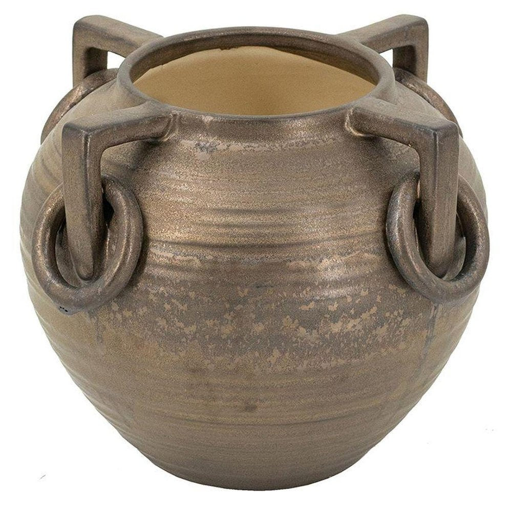 7" Bronze Mottled Ceramic Amphora Table Vase With Sculptural Details
