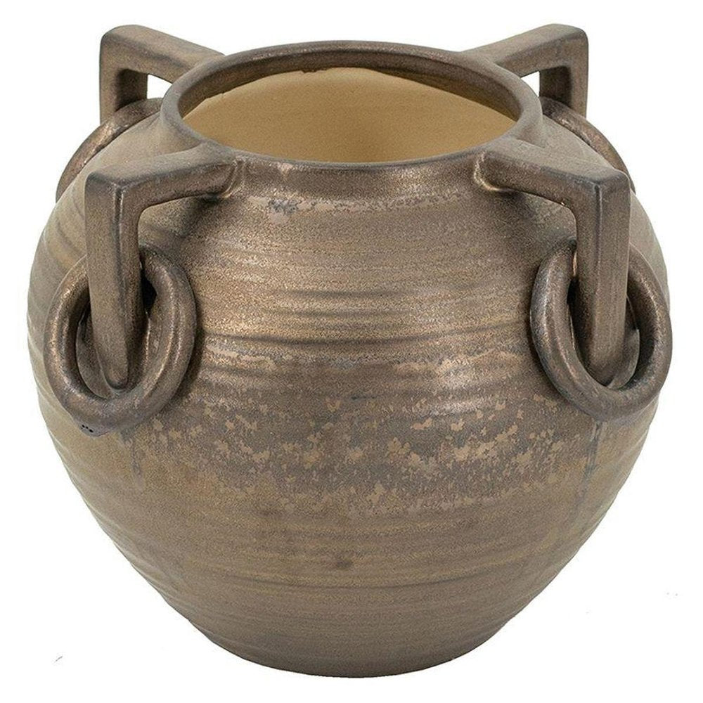 7" Bronze Mottled Ceramic Amphora Table Vase With Sculptural Details