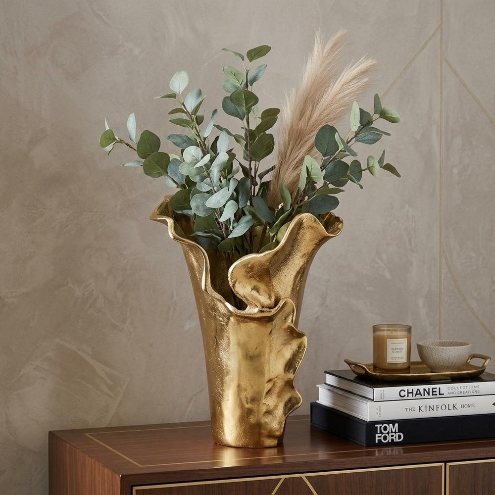 12" Gold Aluminum Table Vase With Sculptural Details