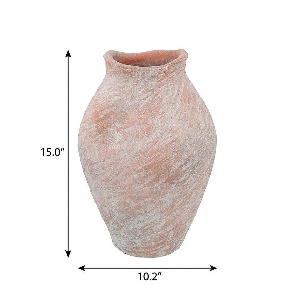 15" Terra Cotta And Cream Crackle Glaze Terracotta Urn Table Vase