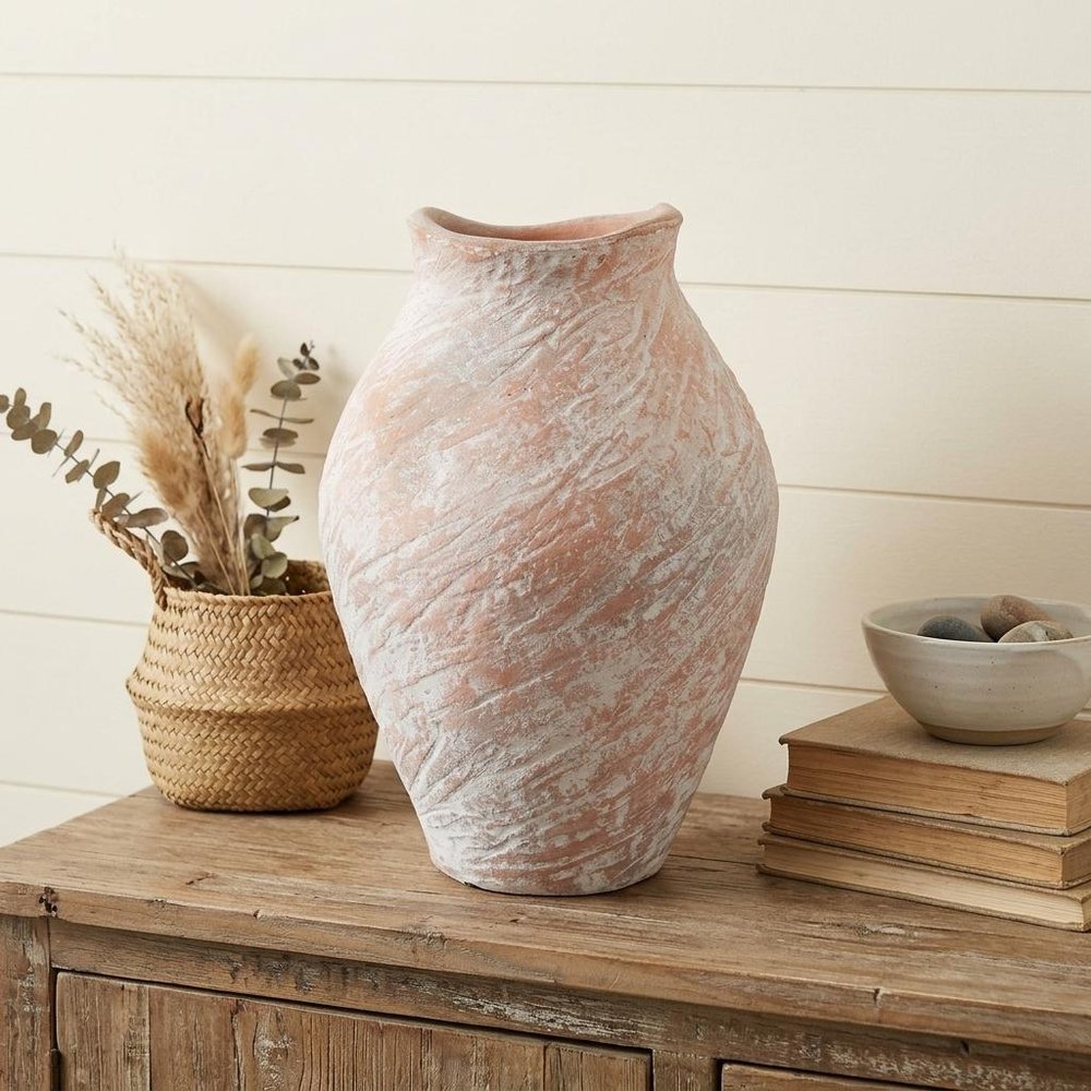 15" Terra Cotta And Cream Crackle Glaze Terracotta Urn Table Vase
