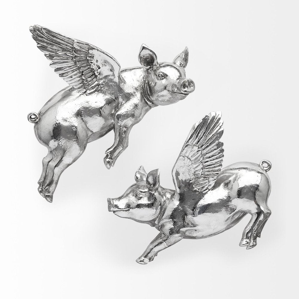 Set of Two Silver Pig Resin Hanging Wall Decor