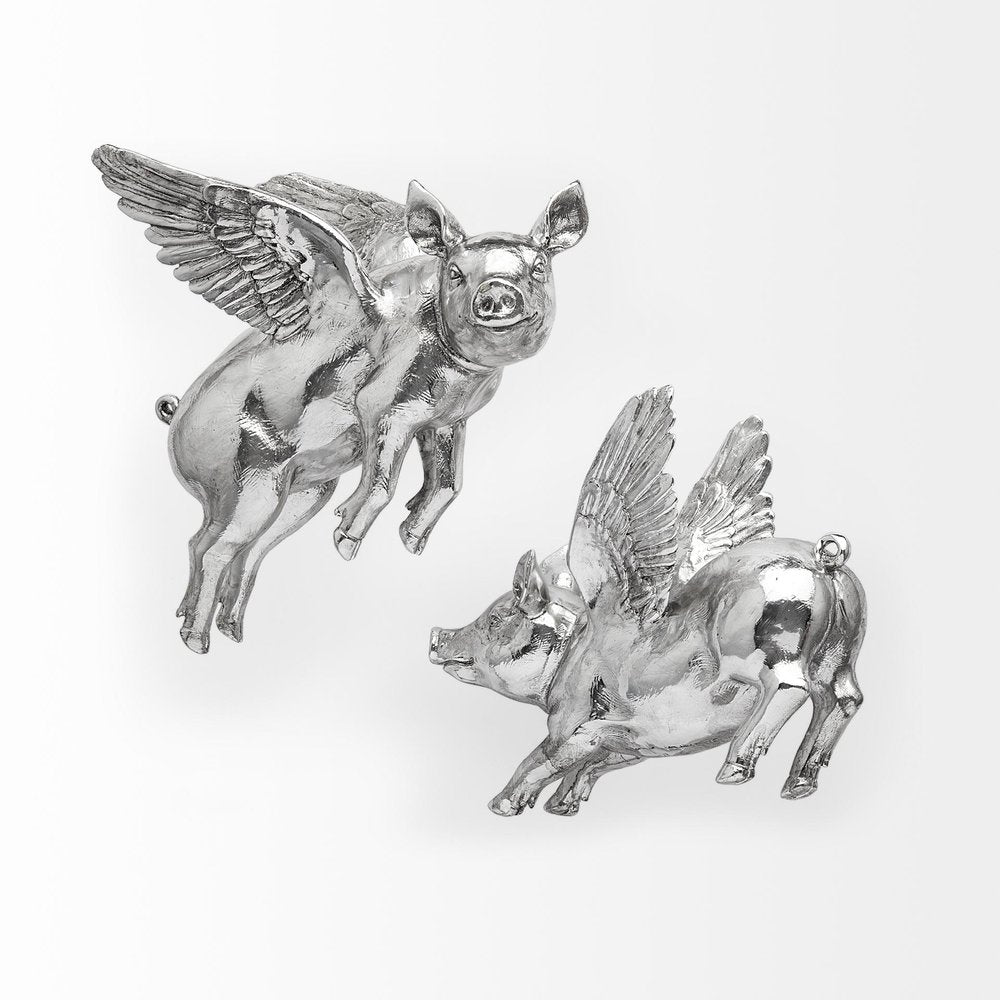 Set of Two Silver Pig Resin Hanging Wall Decor