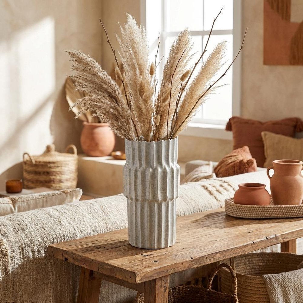 14" Gray Ribbed Ceramic Cylinder Table Vase