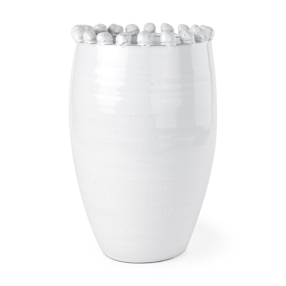 14" Off White Ceramic And Terracotta Round Table Vase With Sculptural Details