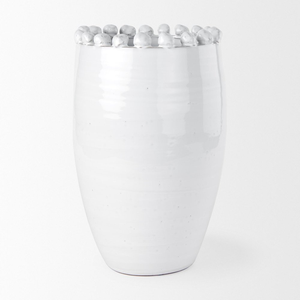 14" Off White Ceramic And Terracotta Round Table Vase With Sculptural Details